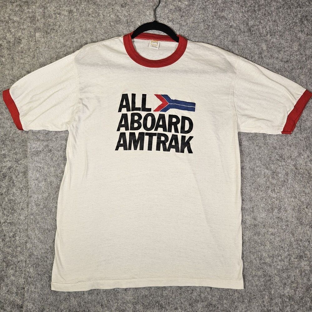 VTG Amtrak All Aboard Amtrak White Red Trim Single Stitch T-Shirt Sz XL/38 READ